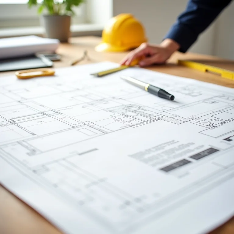 Plantas arquitetônicas com amostras de drywall e ferramentas de medição