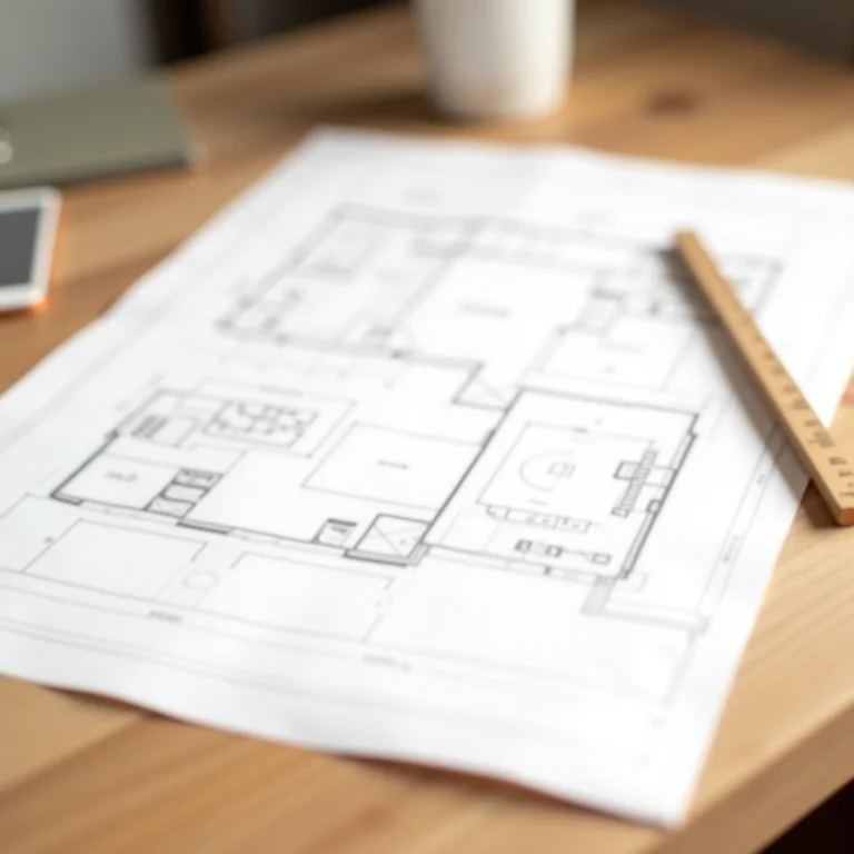 Plantas de layout de cozinha em mesa de madeira