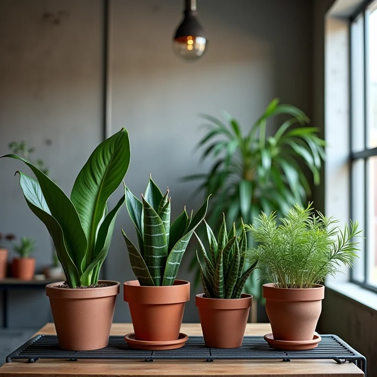 Plantas decorando uma sala de jantar em estilo industrial.