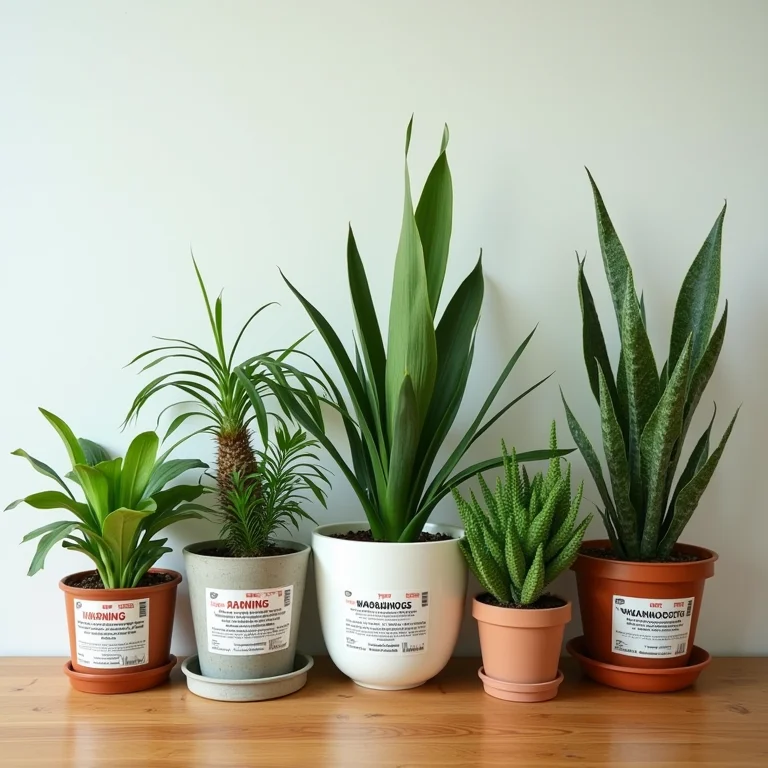 Plantas domésticas tóxicas com etiquetas de aviso.