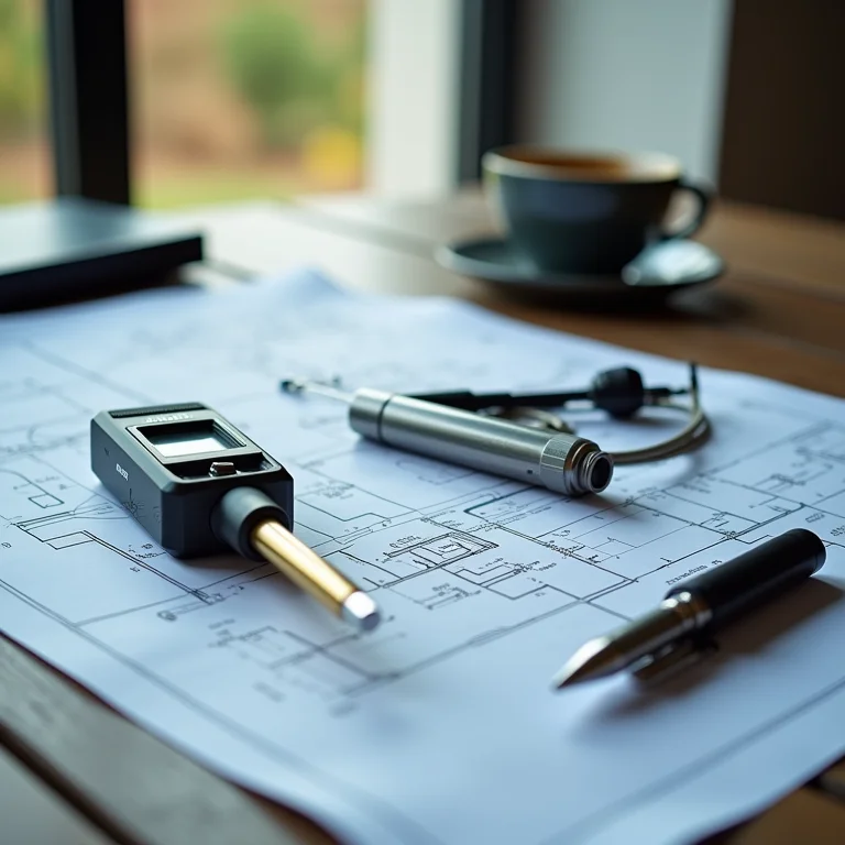 Plantas e ferramentas de medição acústica, representando a consultoria especializada