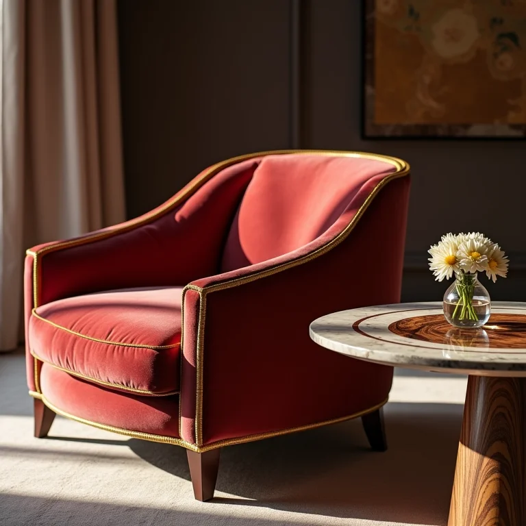 Poltrona de veludo com detalhes em dourado e mesa lateral de mármore