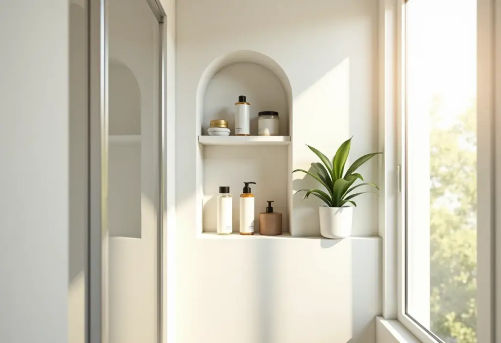 Porta Shampoo de Nicho: O truque de mestre para organizar o box Porta shampoo de nicho organizado e elegante em box de banheiro moderno