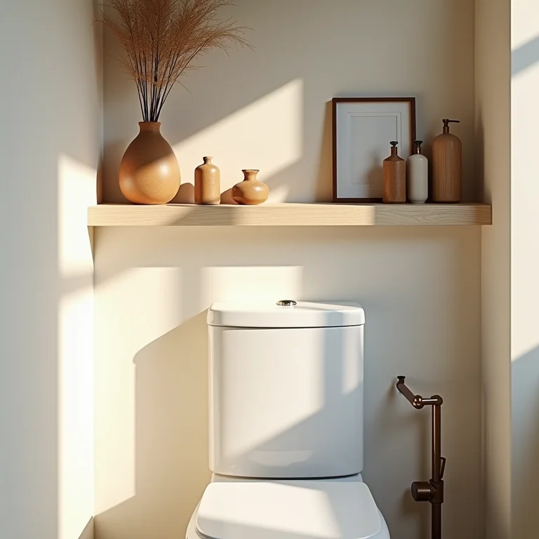 Prateleira charmosa escondendo cano do vaso no banheiro