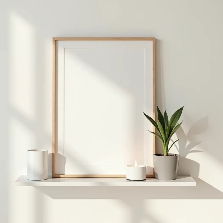 Prateleira de banheiro com quadro, vela e planta, destacando benefícios estéticos e funcionais.