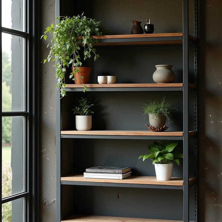 Prateleira de metal com objetos decorativos e plantas em um quarto industrial.