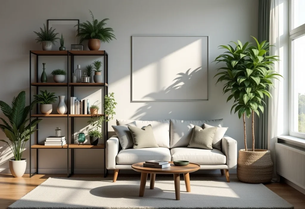 Prateleira industrial: 5 erros que você não pode cometer Prateleira industrial decorada com plantas, livros e objetos decorativos.