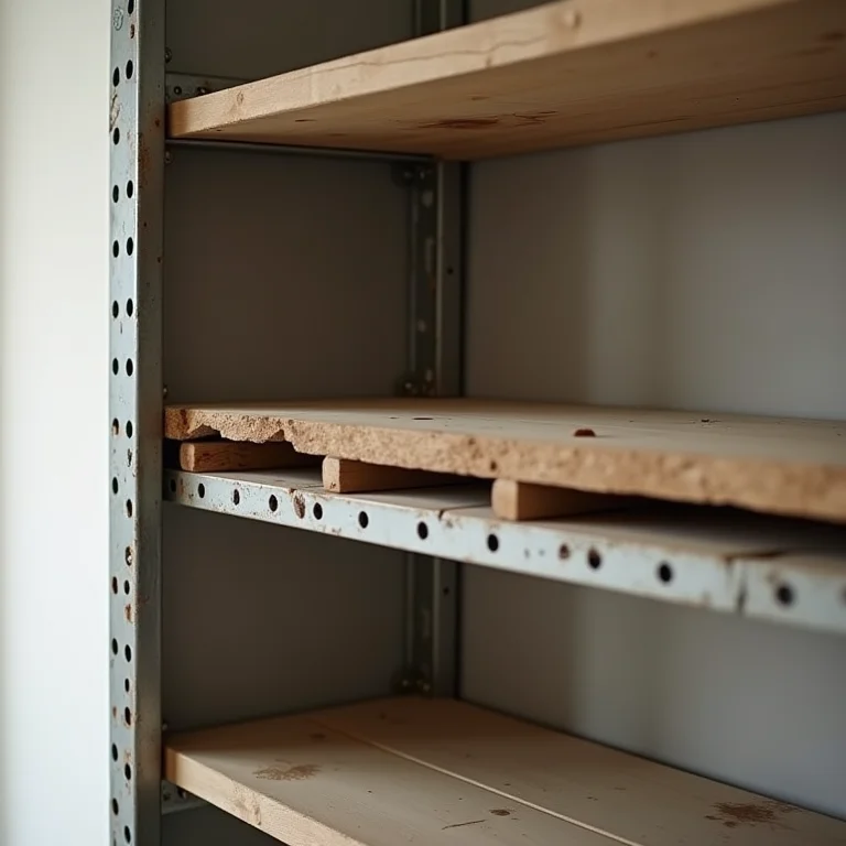 Prateleira industrial instalada incorretamente com parafusos soltos.