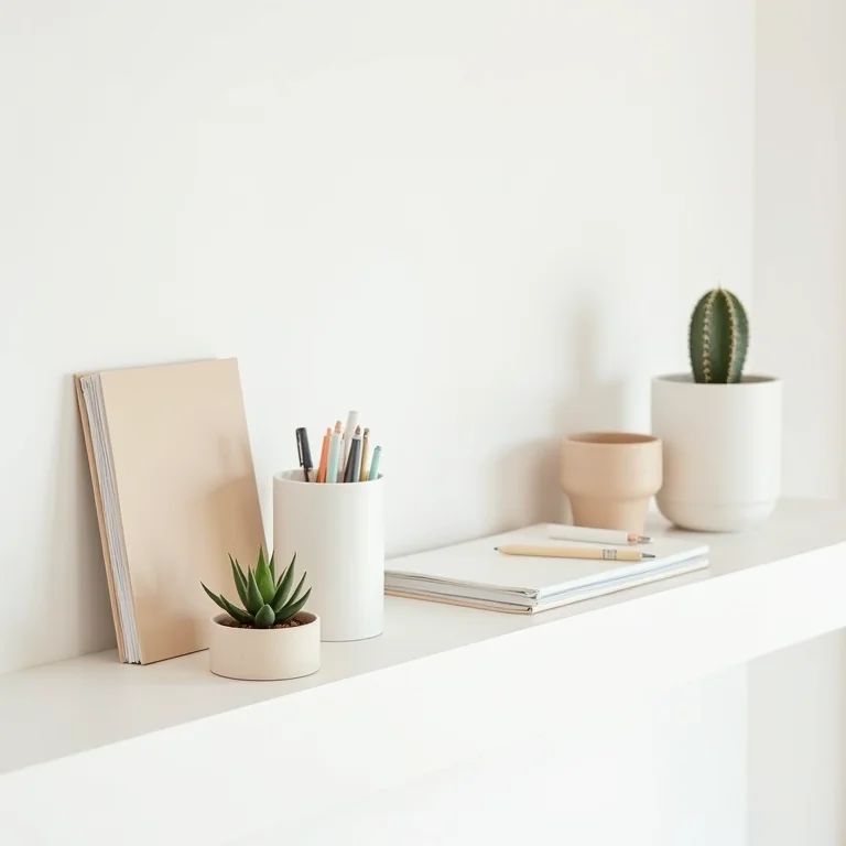 Prateleira minimalista com materiais de escritório organizados