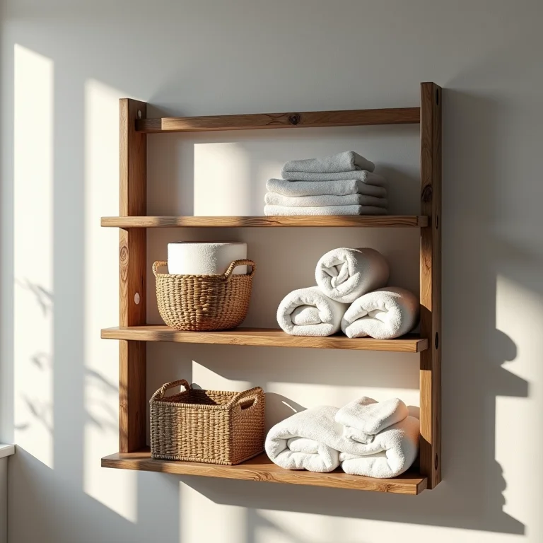 Prateleira rústica de madeira em banheiro