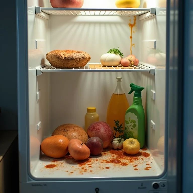 Prateleira suja de geladeira com restos de comida e produtos de limpeza próximos.