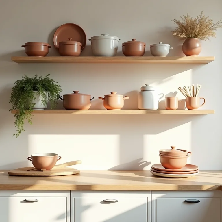 Prateleiras abertas com cores e estilos harmoniosos