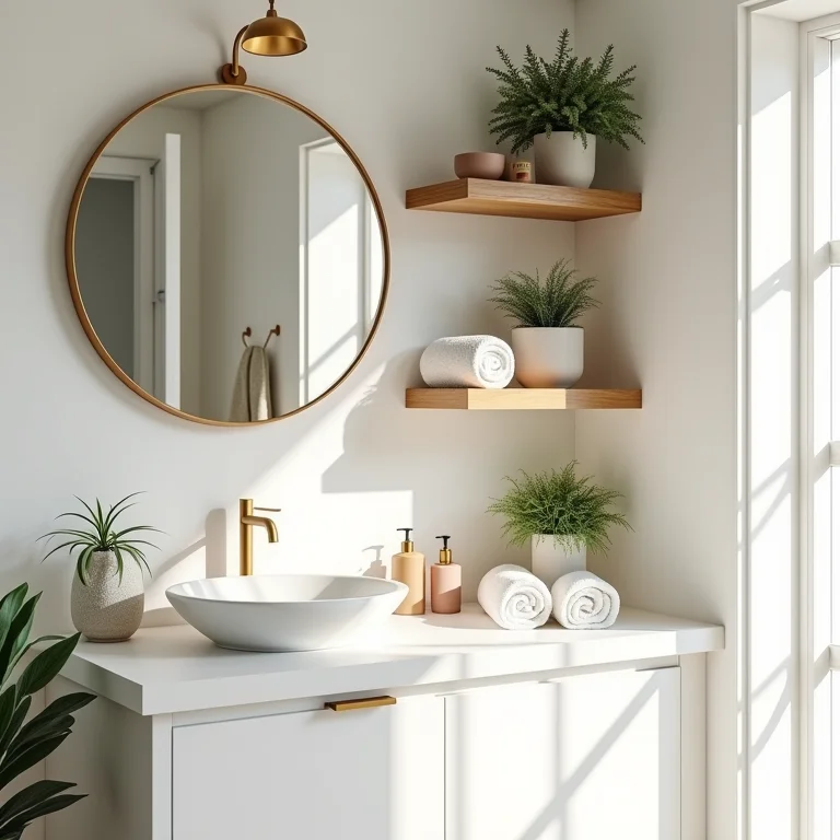 Prateleiras abertas com plantas e decoração em banheiro