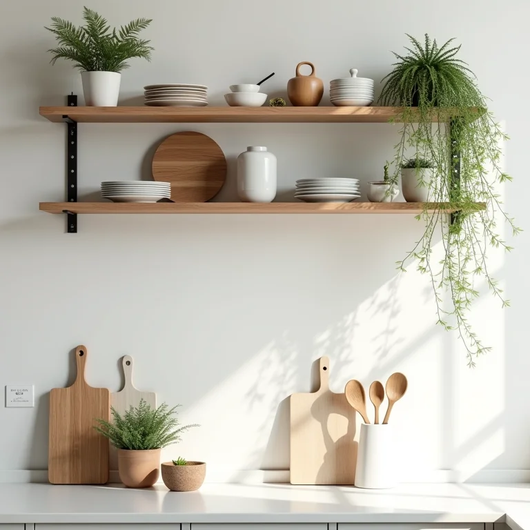 Prateleiras abertas decoradas em cozinha