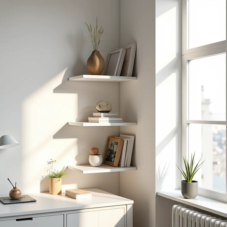 Prateleiras de canto aproveitando espaço em home office pequeno