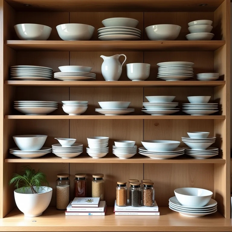 Prateleiras de madeira com utensílios de cozinha