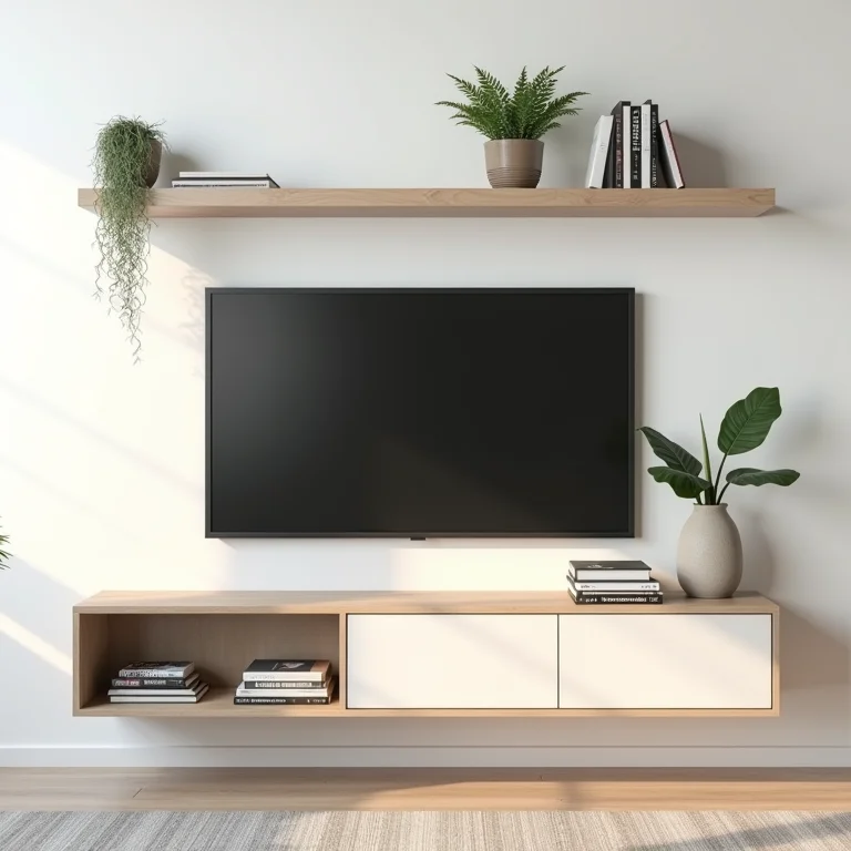 Prateleiras flutuantes como alternativa criativa ao painel de TV tradicional.