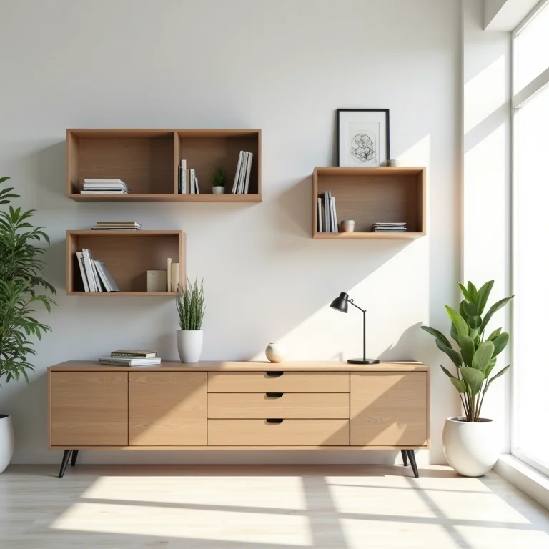 Prateleiras modulares criando um home office personalizável