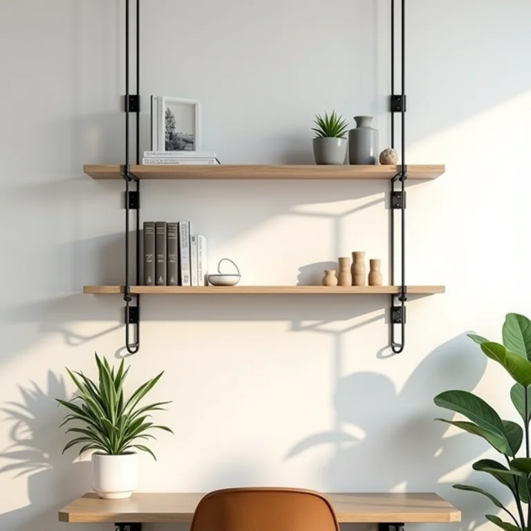 Prateleiras suspensas com charme industrial em home office moderno