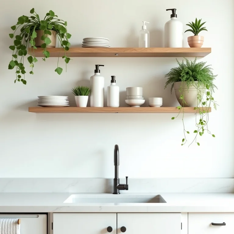 Prateleiras suspensas otimizando o espaço acima da pia