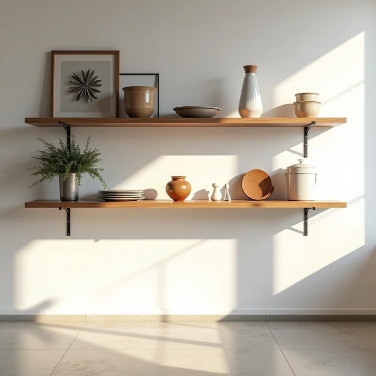 Prateleiras suspensas otimizando o espaço vertical na cozinha