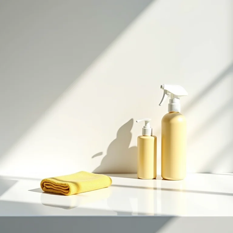 Produtos de limpeza e pano macio sobre bancada de Silestone branco