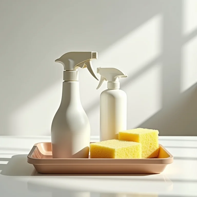 Produtos de limpeza organizados em bandeja na cozinha