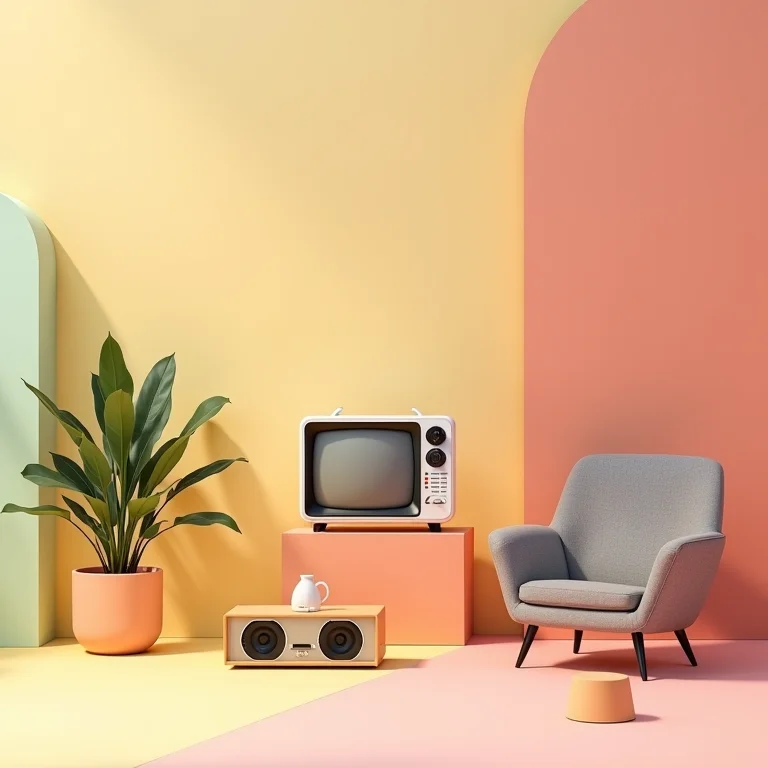 Produtos retrô em fundo colorido