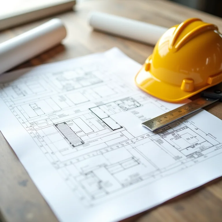 Projetos arquitetônicos e ferramentas de construção.
