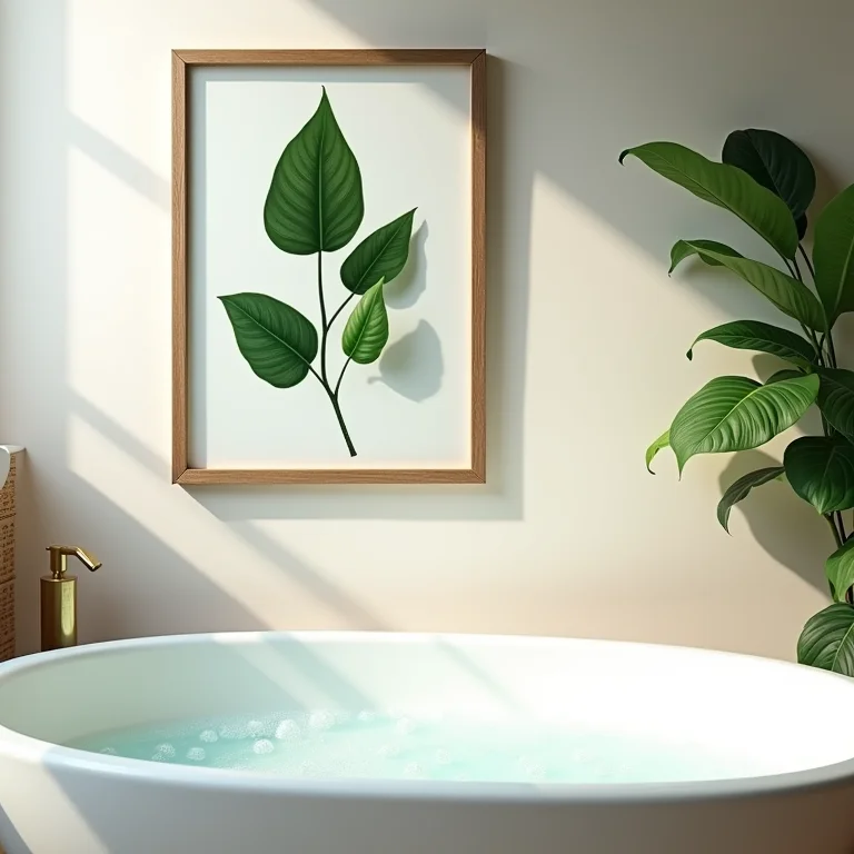 Quadro com tema de natureza em um banheiro, promovendo relaxamento e bem-estar.