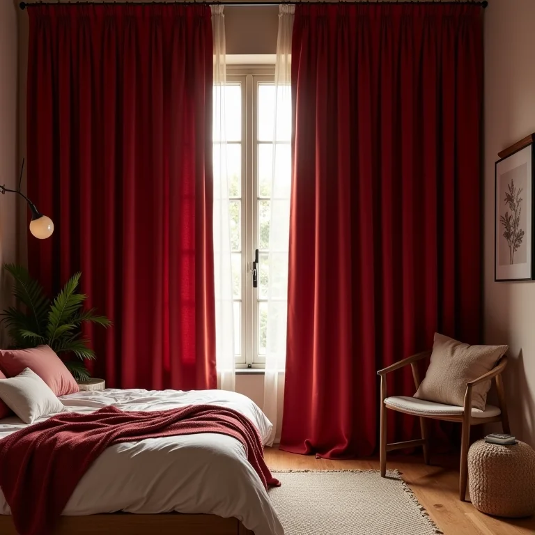 Quarto aconchegante com cortinas de veludo