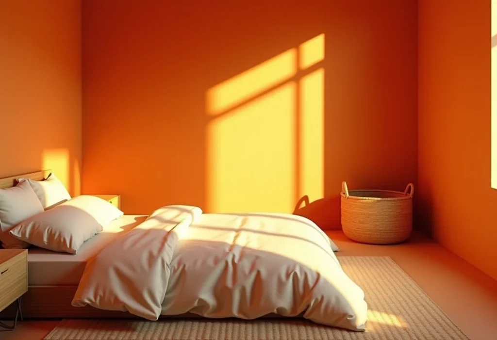 Quarto aconchegante com paredes em tons quentes e iluminação suave