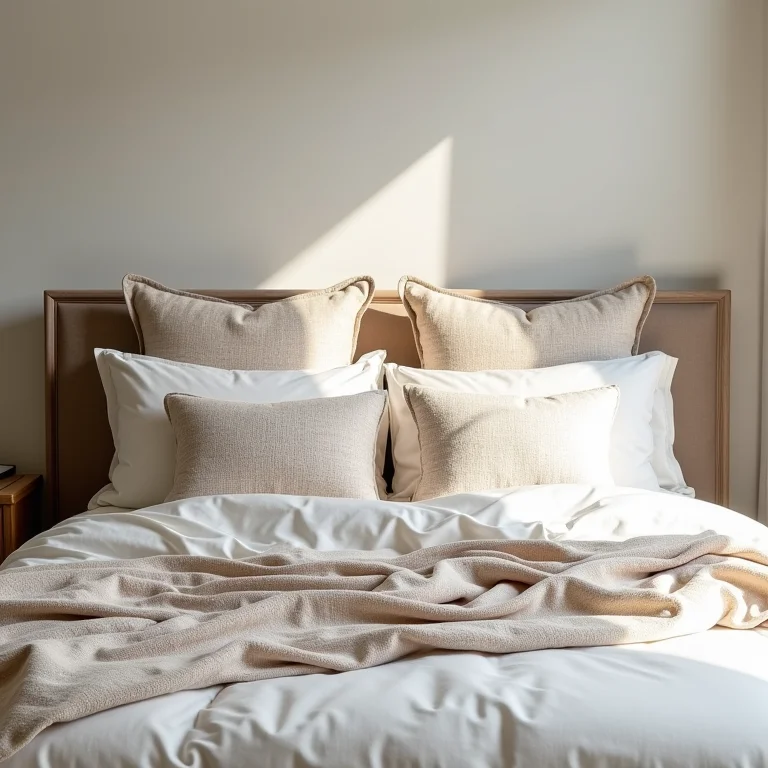 Quarto com almofadas estampadas na cama.