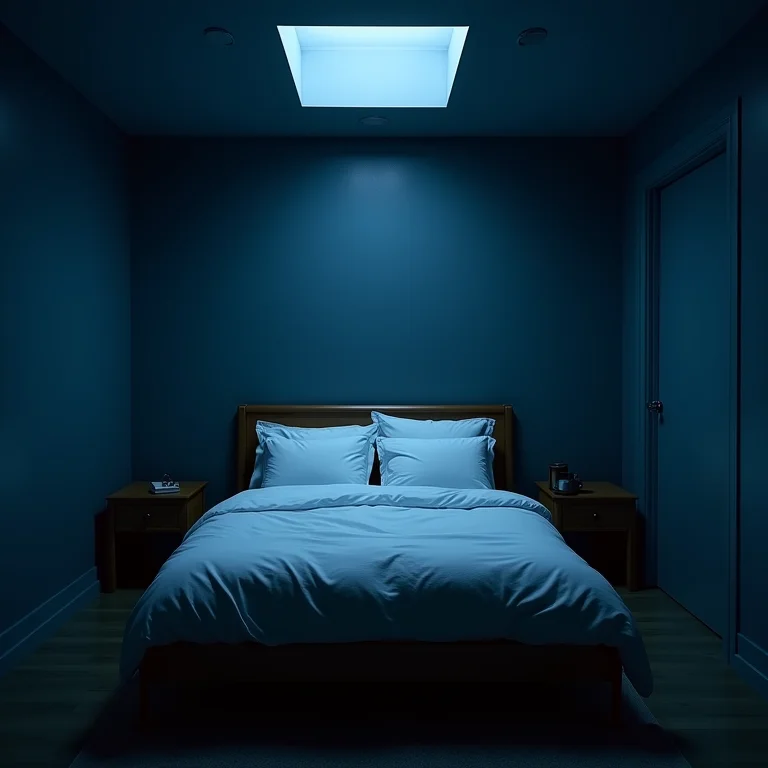 Quarto com cores escuras e iluminação inadequada, representando desequilíbrio e energia negativa no Feng Shui.