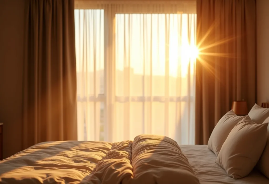 Cortina Blecaute: O segredo para um sono profundo e reparador Quarto com cortina blecaute bloqueando a luz da manhã para um sono tranquilo.