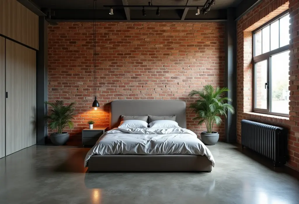 Decoração industrial no quarto: 5 erros que você NÃO pode cometer Quarto com decoração industrial com paredes de tijolos aparentes e piso de concreto.