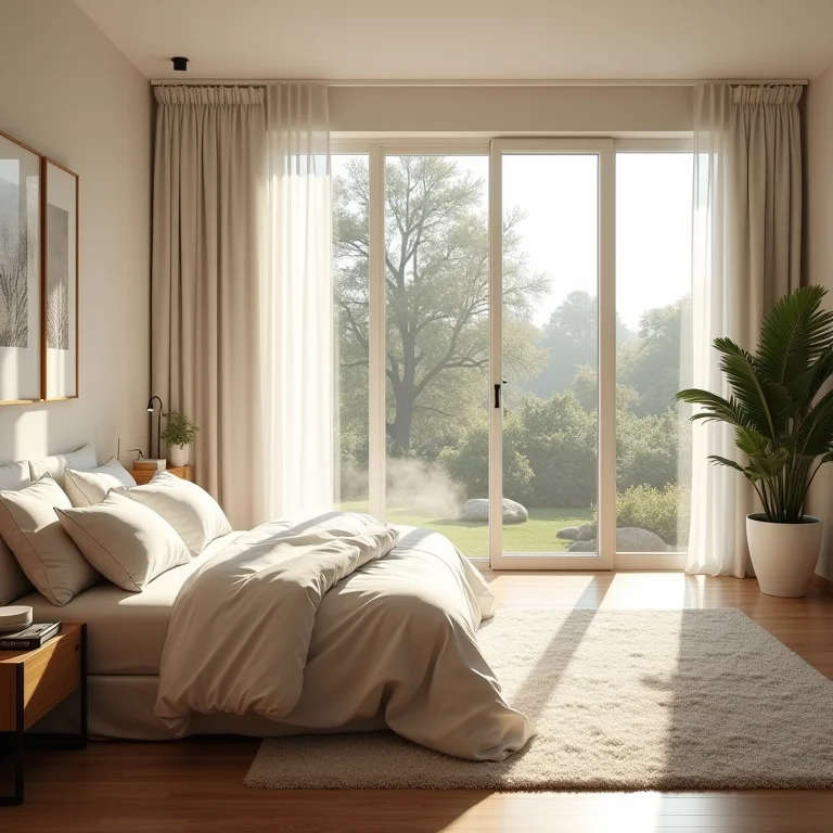 Quarto com grandes janelas e luz natural abundante