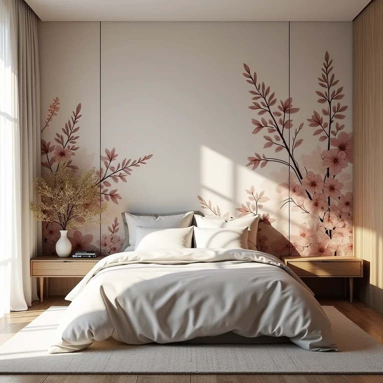 Quarto com papel de parede floral na parede de destaque.