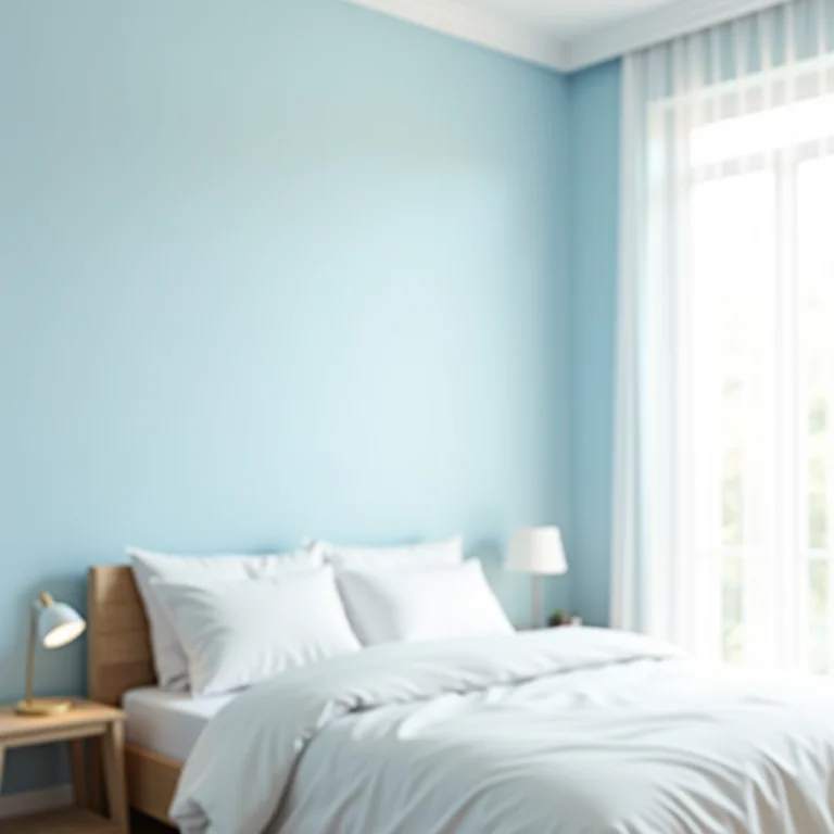 Quarto com paredes azuis e decoração minimalista