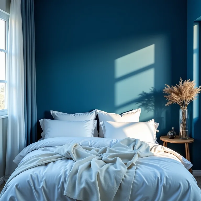 Quarto com paredes azuis e iluminação suave.