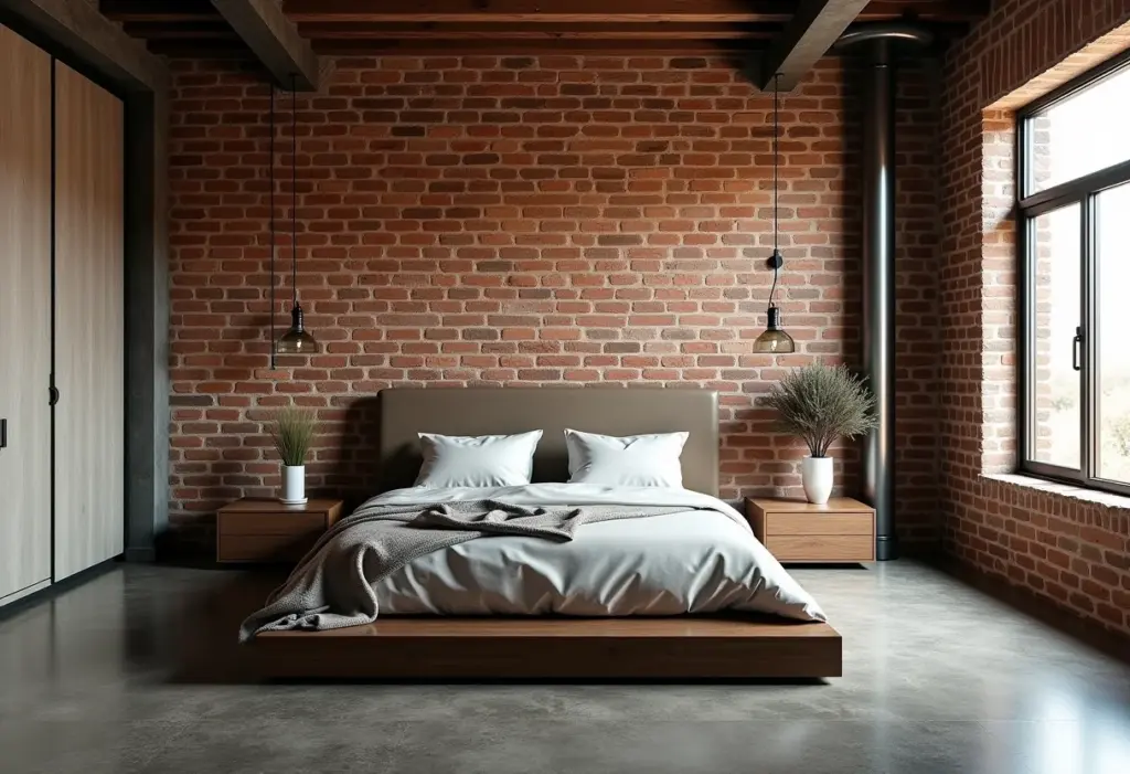 Quarto de casal com estilo industrial e decoração minimalista.