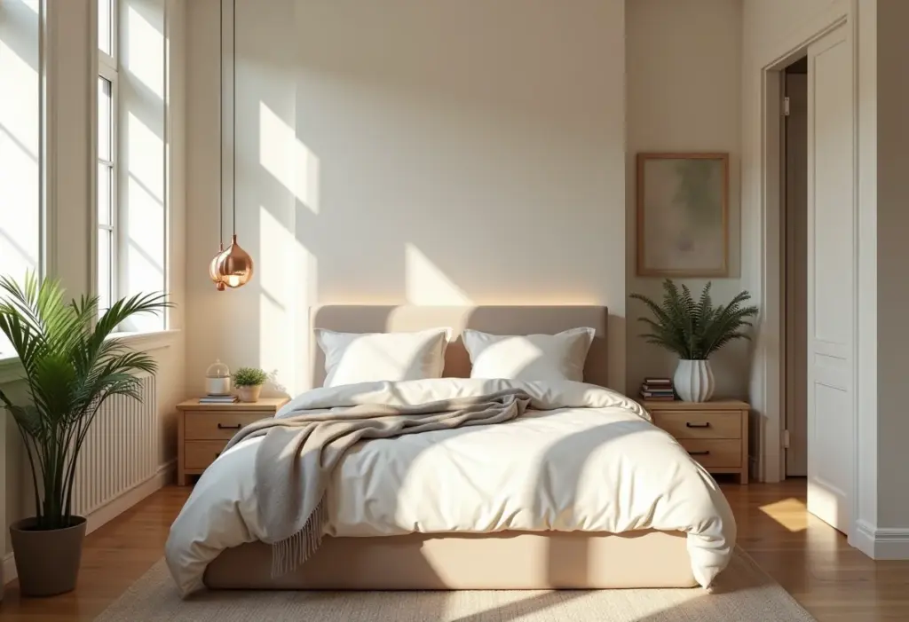 Quarto de casal pequeno: 7 erros que você deve evitar JÁ! Quarto de casal pequeno com decoração minimalista e iluminação suave.