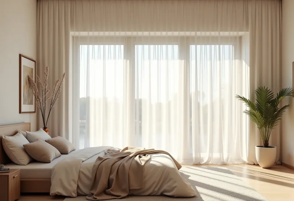 Quarto de casal simples e elegante com luz natural.