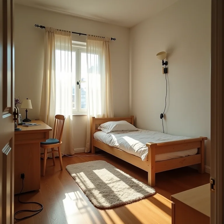 Quarto de menino com elementos inseguros, representando risco de acidentes.