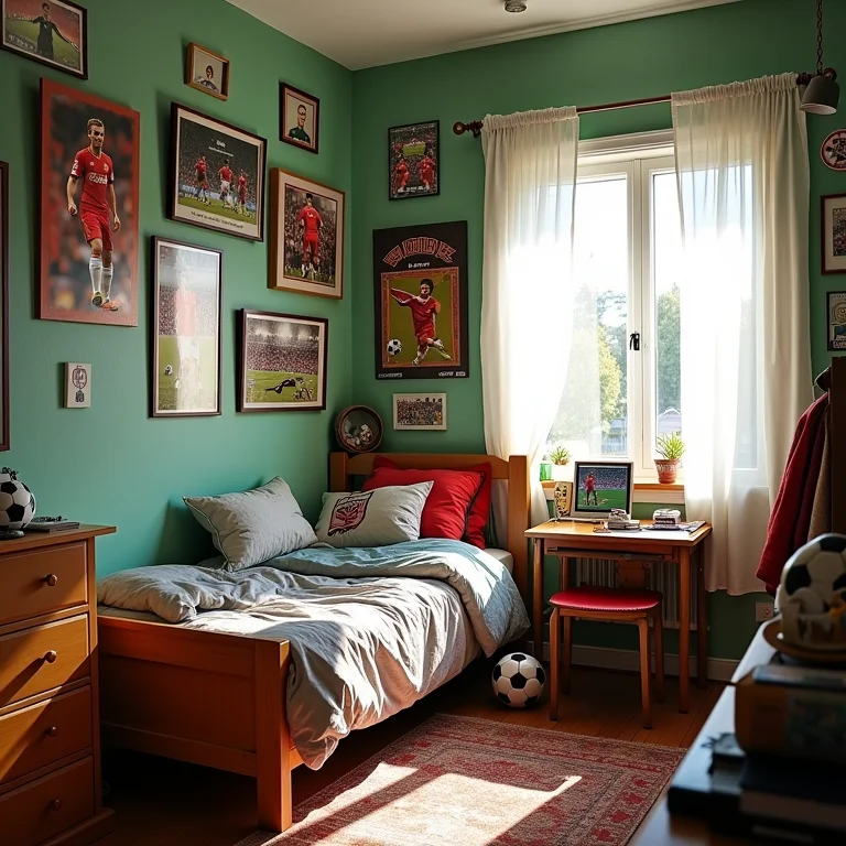 Quarto de menino com tema de futebol mostrando excesso de informação visual.