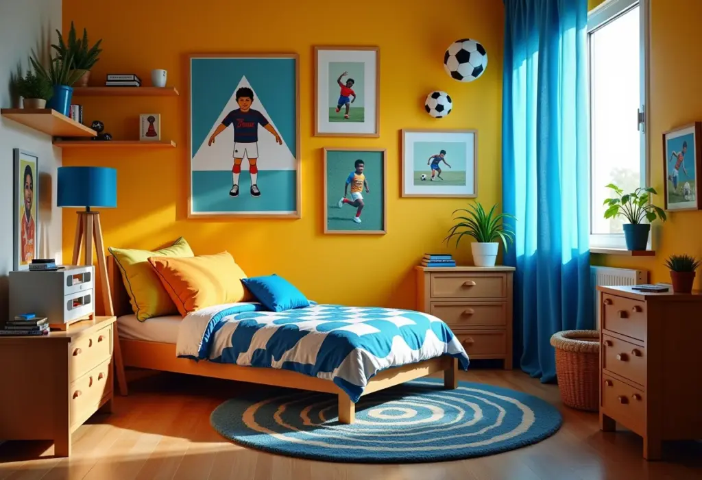 Quarto de menino com tema de futebol, mostrando uma decoração com excesso de informação.