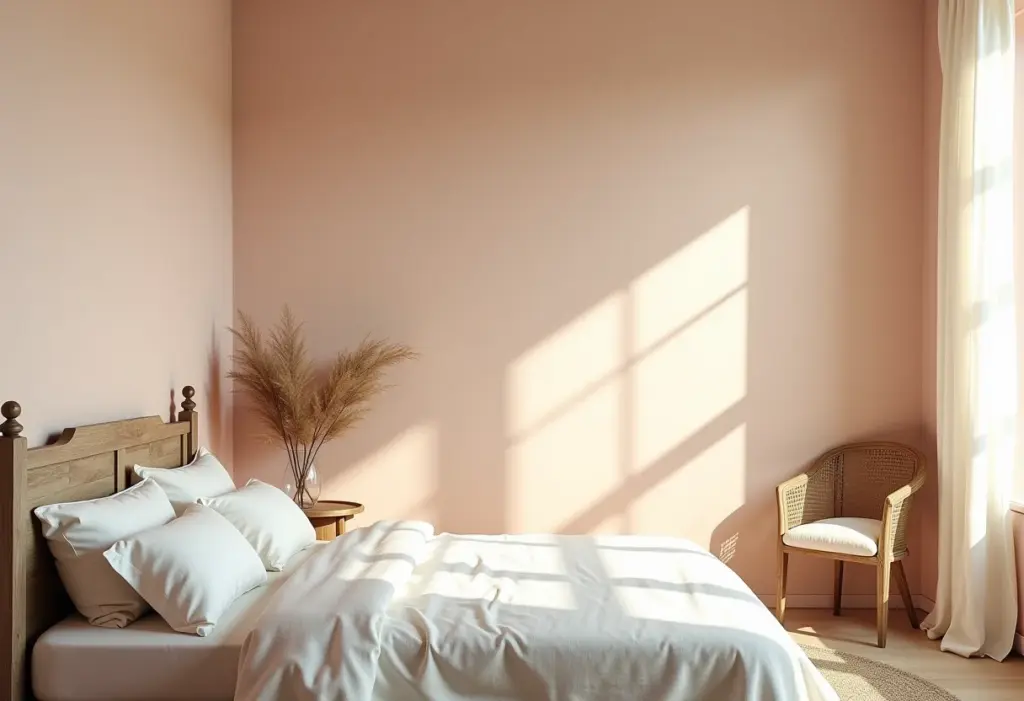 Quarto em estilo provençal com paleta de cores suaves e iluminação natural