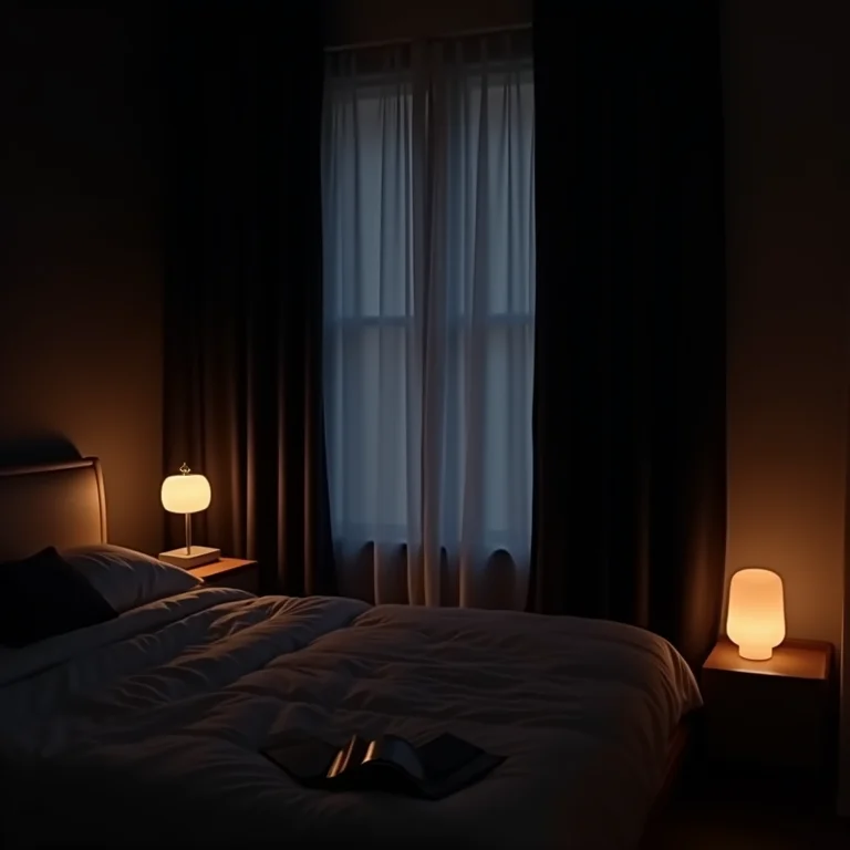 Quarto escuro e aconchegante com cortina blecaute e iluminação suave.