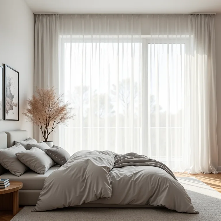 Quarto iluminado com paredes brancas e roupa de cama cinza claro.