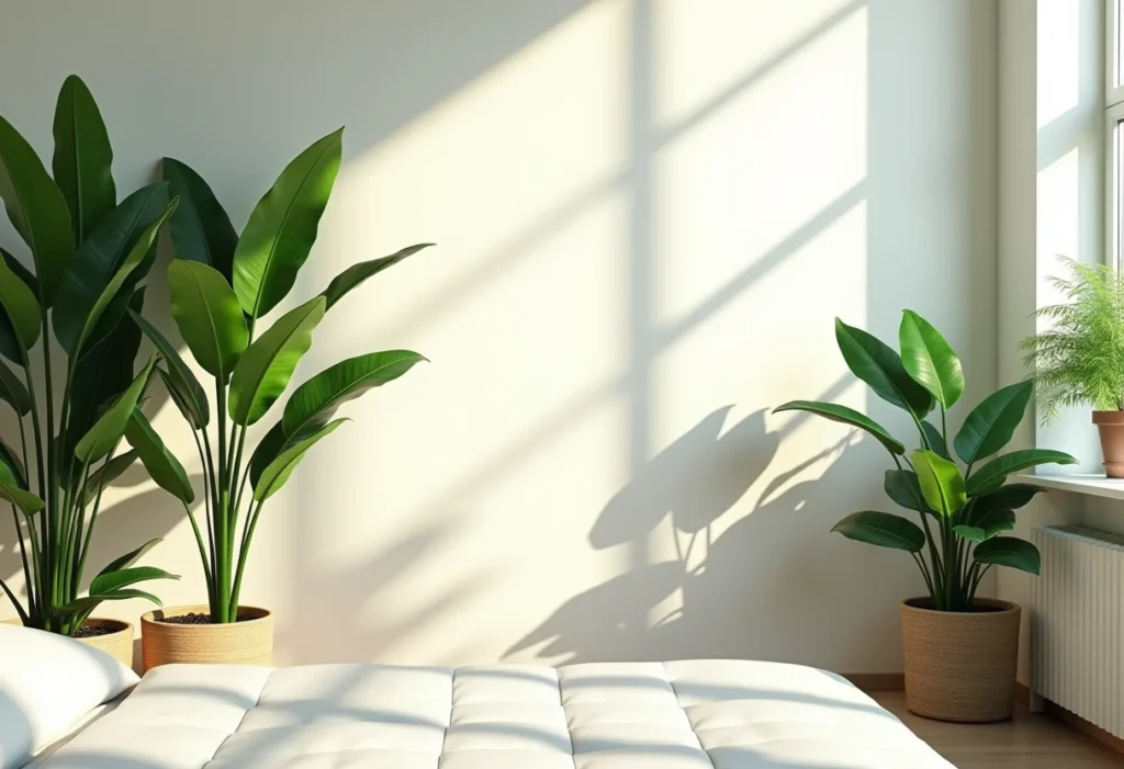 Quarto iluminado com plantas verdes exuberantes.